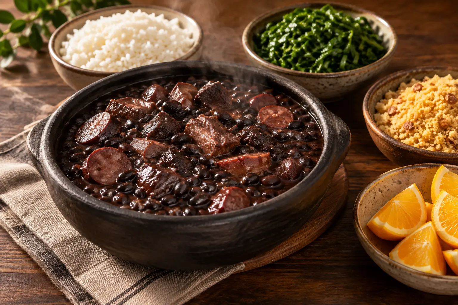 Elegant Brazilian feijoada served with rice, collard greens, farofa and orange in artisanal tableware