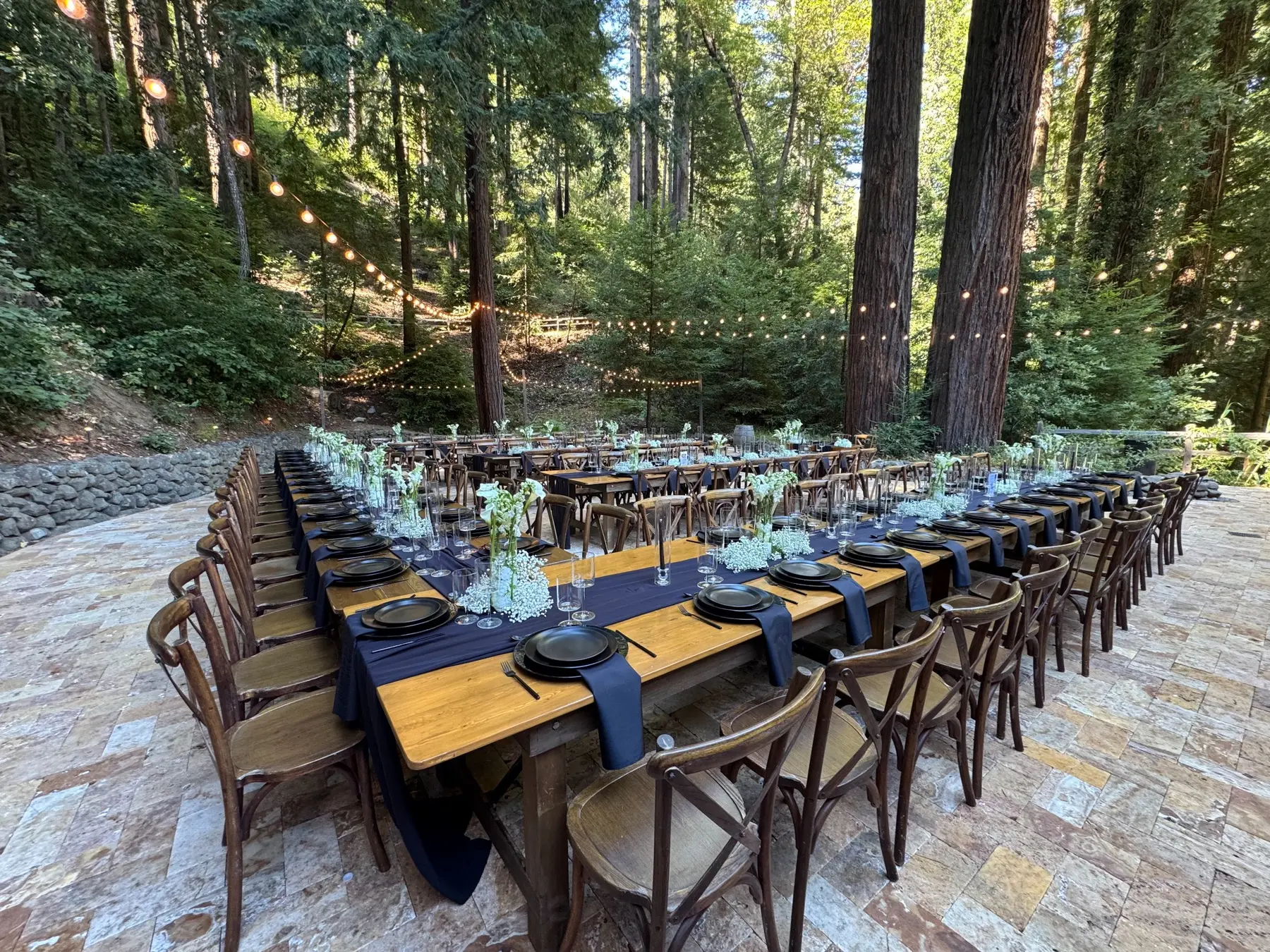 Elegant outdoor event tables prepared among the California redwoods